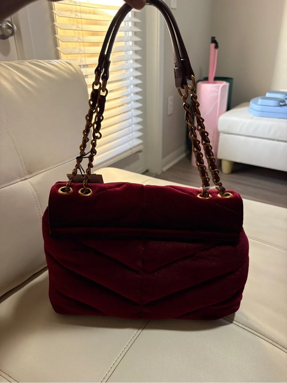Steve Madden Wine Red Velvet Shoulder Bag with Gold Chain